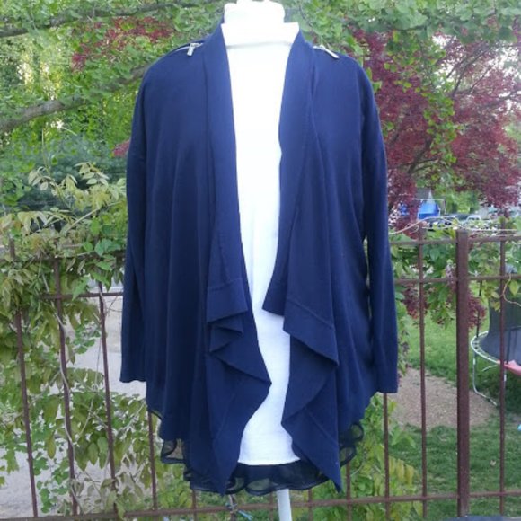 Michael Kors Draped Cardigan navy blue zipper shoulder waterfall sweater LG - Picture 2 of 9